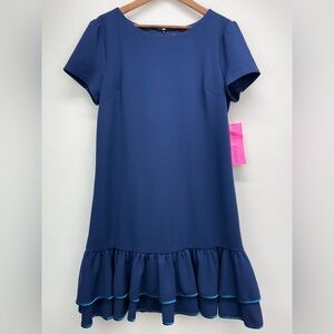 Betsey Johnson size 14 Women’s Blue Short Sleeve Ruffle Hem Shift Dress NWT
